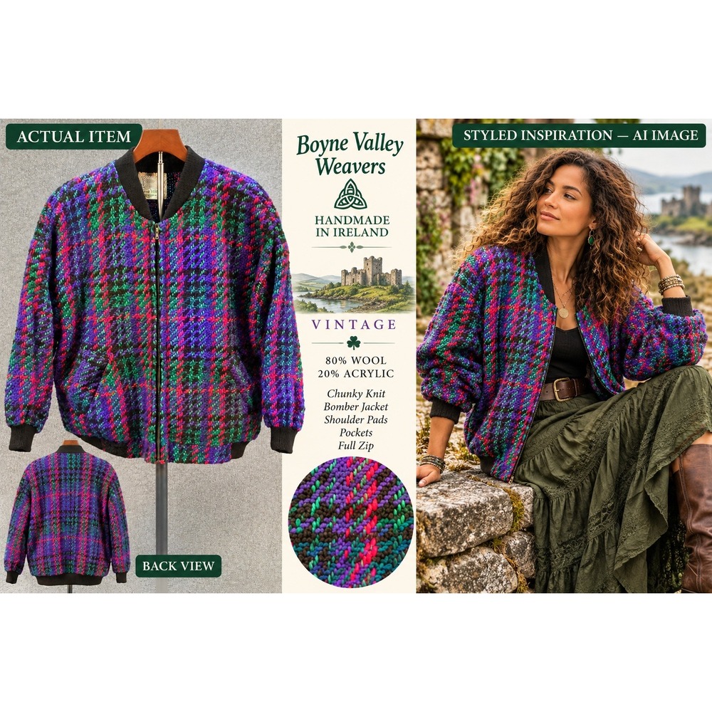 Boyne Valley Weavers Bomber Jacket Womens Vintage Irish Wool Purple XL Excellent